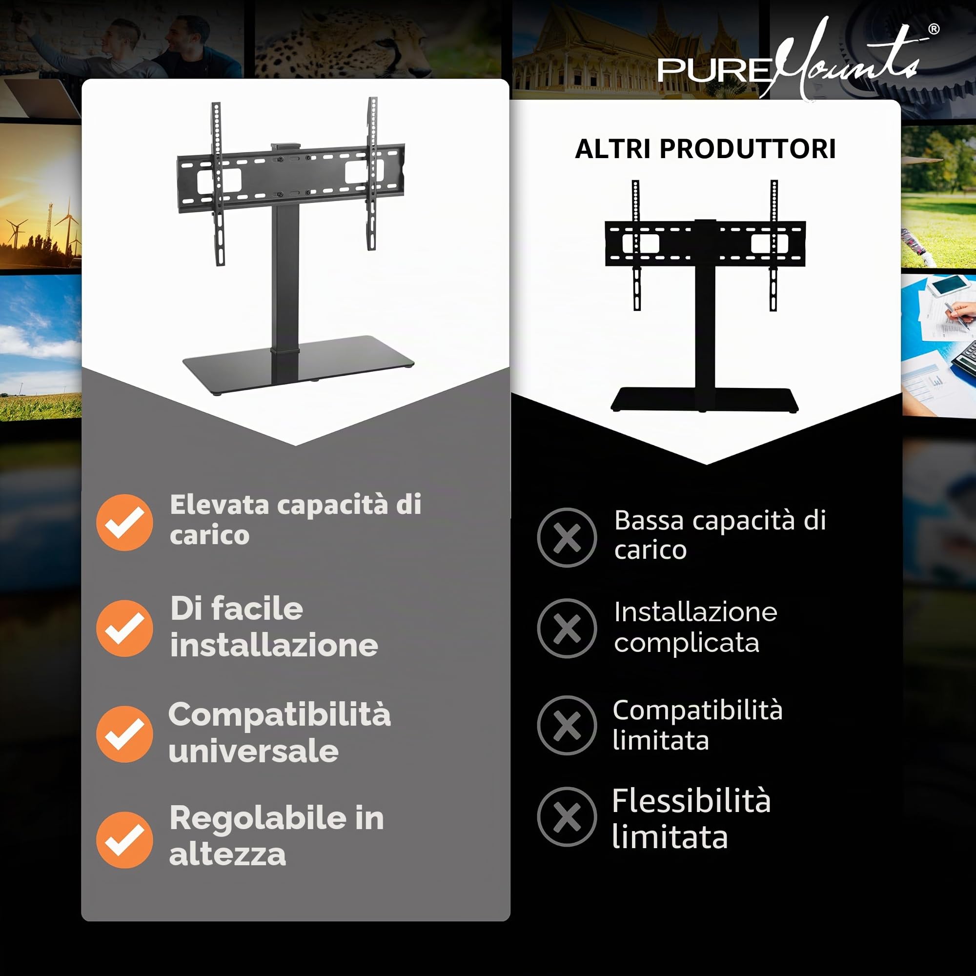 PureMounts Supporto TV, supporto, supporto TV universale per 37-70 pollici Samsung, LG, Philips, Panasonic e molti altri, Max. Vesa 600x400 & 40 kg, nero