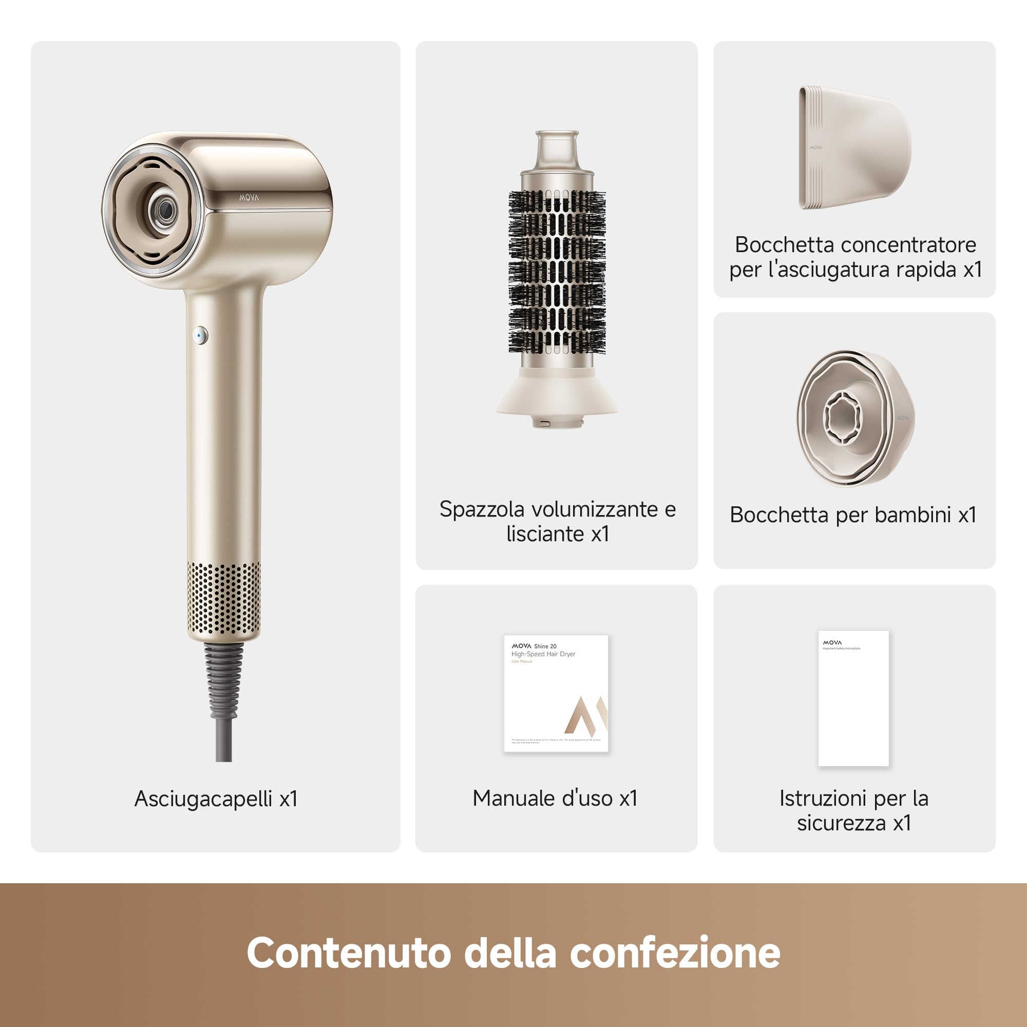MOVA Shine 20 Asciugacapelli, regolazione automatica delle modalità, Oro | phon capelli motore ad alta velocità, protezione dei capelli al plasma, monitoraggio NTC 1000/s, più modalità di asciugatura