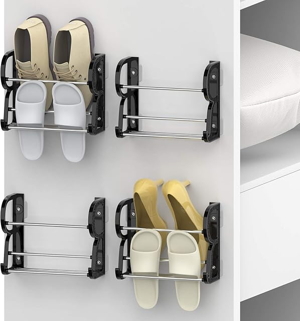 Yocice Wall Mounted Shoes Rack 4Pack/Can Store 4Pairs Sneakers and 4Pairs Slide Sandal,with Sticky Hanging Mounts, Shoes Holder Storage Organizer Shelf ,Door Shoe Hangers, Black,SM05-1inch-4Pack