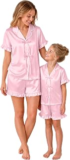 Ekouaer Satin Mommy and Me Pajamas Set Silk Matching Family Soft Sleepwear