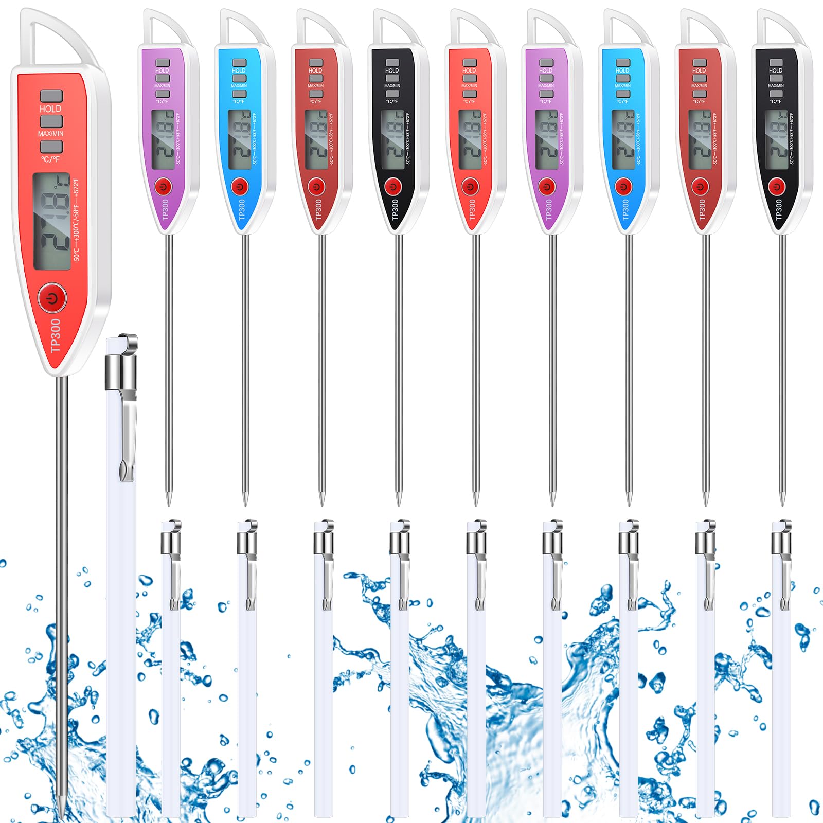 Copkim Set di 10 termometri digitali per alimenti, sonda lunga, istantanea, bianco