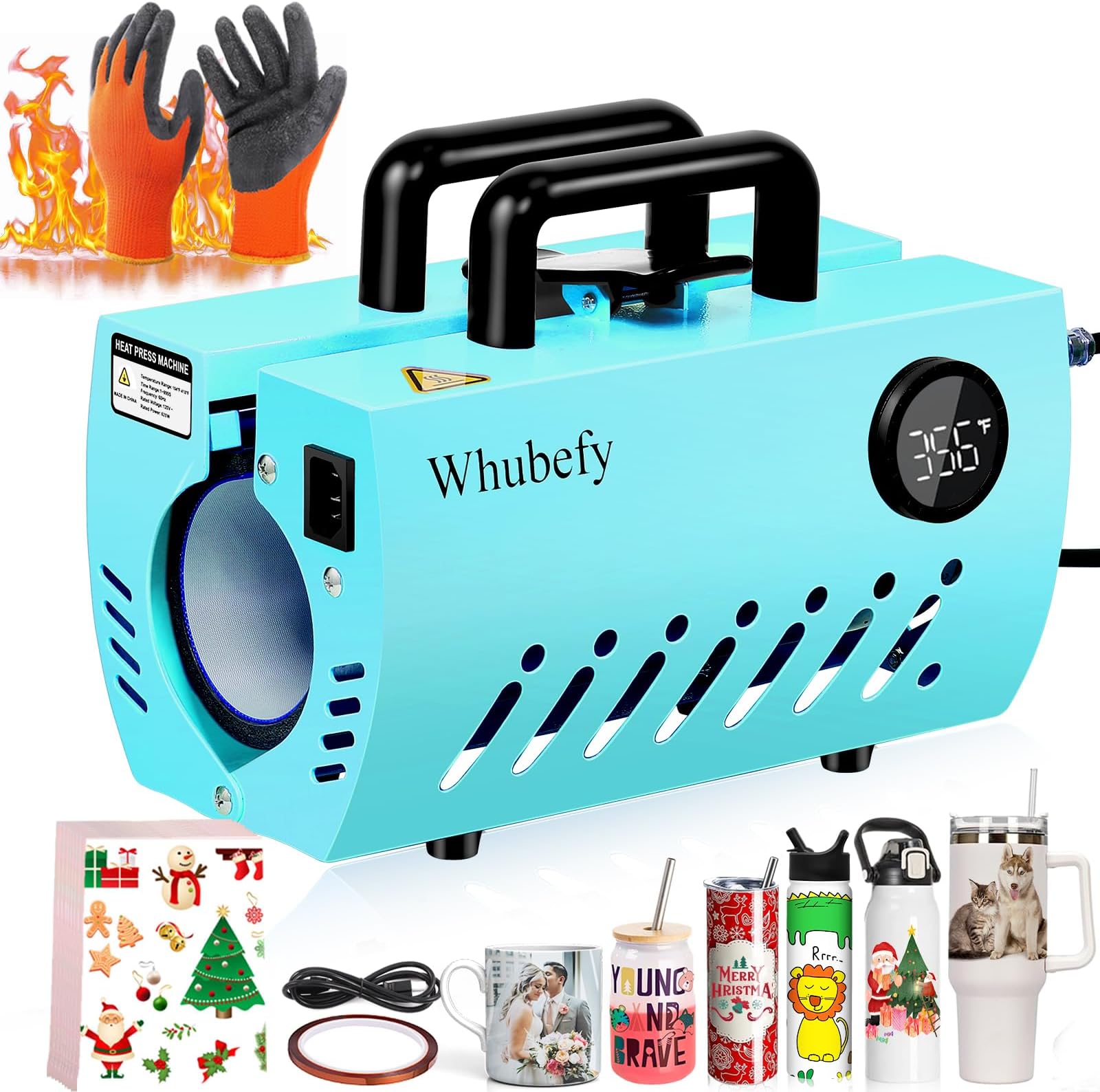 11-30 OZ Tumbler Heat Press Machine, Mug Heat Press DIY Sublimation for 11OZ 16OZ 20OZ Skinny Tumblers Glass/Ceramic/Aluminium Mug Coffee Cup 2.87-3.42in,Blue Cup Press with 20 Heat Papers/Tape/Gloves
