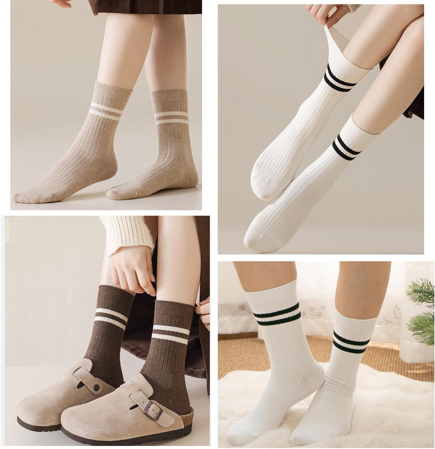 Deeorla Womens Striped Crew Socks Warm Brown Wool Winter Socks 5 Pairs