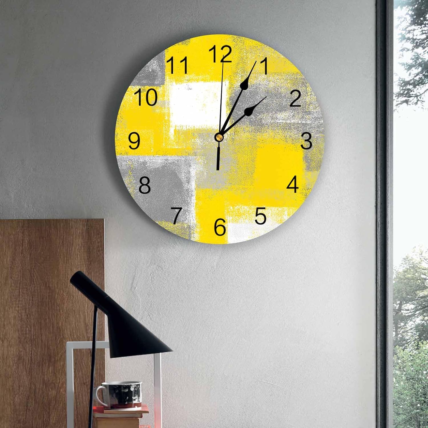 Yellow Gray Abstract Silent PVC Wall Clock 12 Inch Round Yellow Grey Oil Painting Hanging Clock for Kitchen Non Ticking Battery Operated Living Room Mute Clock