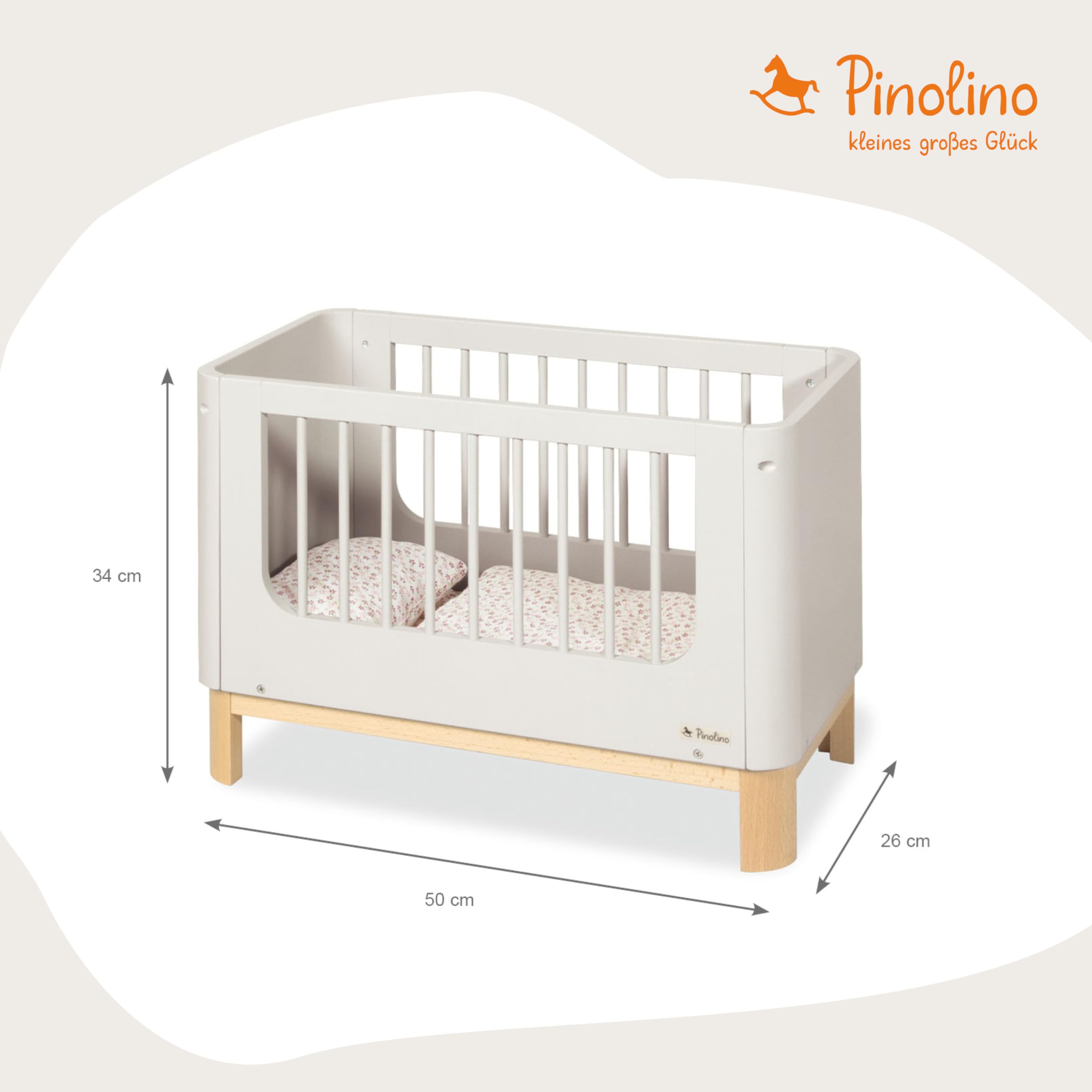 PINOLINO Puppenbett Malea aus Holz mit Bettzeug 4 Teilig - Puppenbettchen mit Matratze, Kissen und Decke, Bett für Puppen und Kuscheltiere, Puppenbett Spielzeug für Mädchen und Jungen, ab 3 Jahren