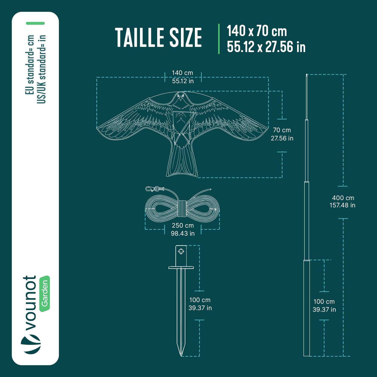 VOUNOT® Spaventapasseri Uccelli con Aquilone Falco Realistico, Dissuasore Uccelli da Esterno con Asta Telescopica 4 m e 2 Aquiloni Intercambiabili, per Giardino, Orto e Fattoria, Modello E&G
