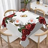JIAGLINDE Red Roses Print Fashion Water Resistant Square Table Cloth, Home Kitchen Restaurant Farmhouse Picnic Table Decoration Tablecloth., White