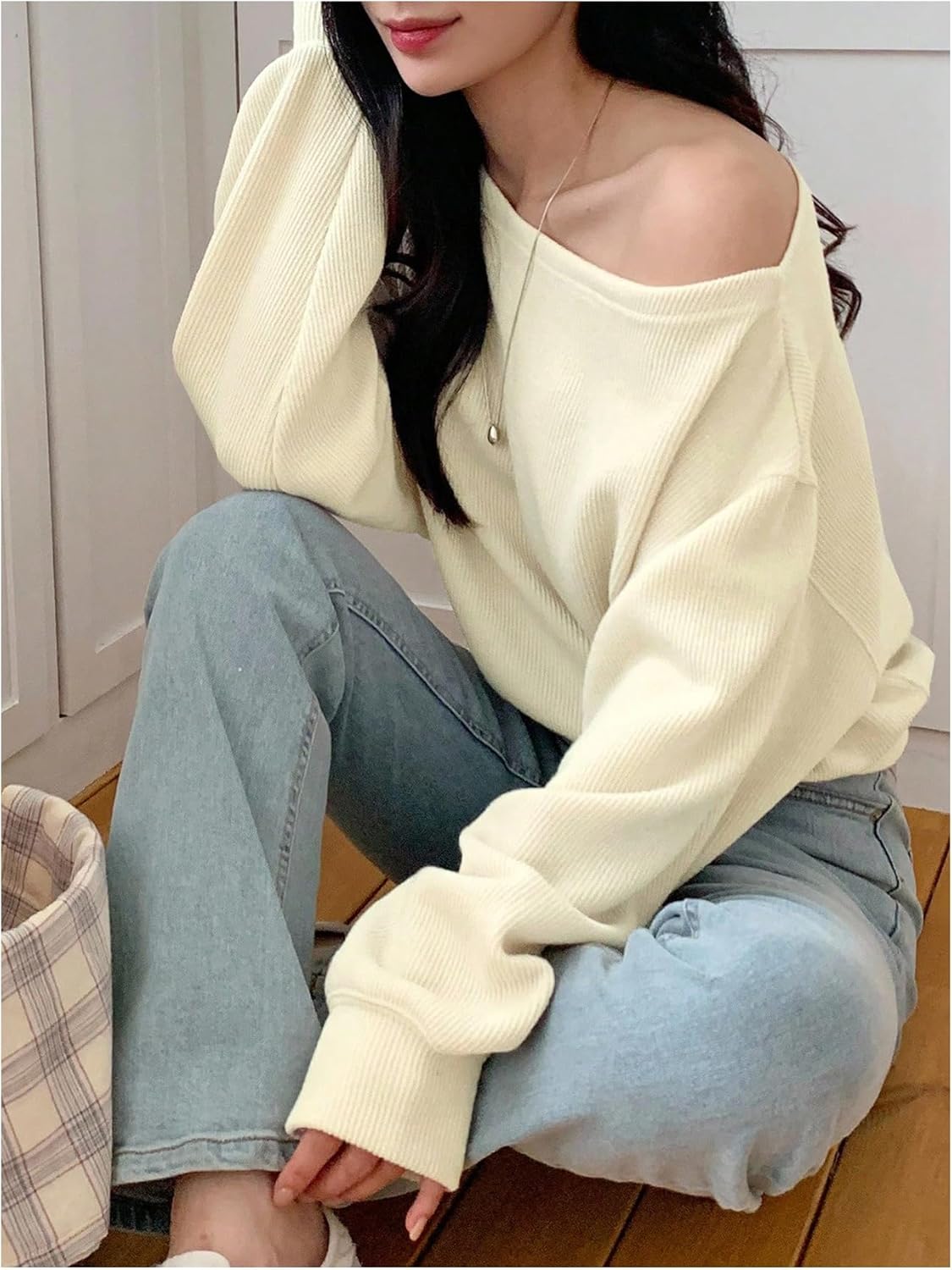 Floerns Women's Casual Off The Shoulder Tops Fall Clothes Ribbed Long Sleeve T Shirts - Image 4