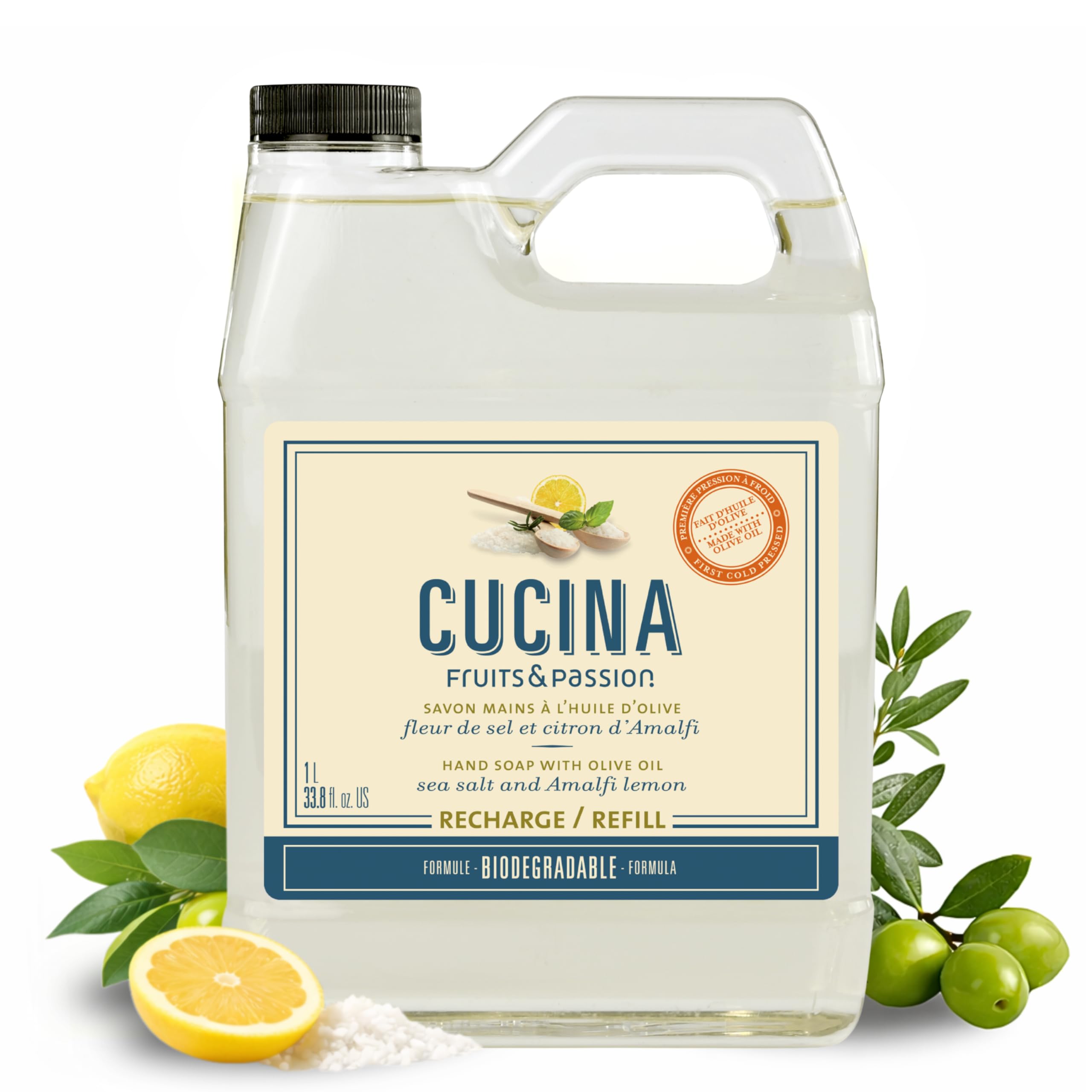 Cucina Fruits & Passion Hand Soap Refill – 1 Liter (33.8 oz) Sea Salt and Amalfi Lemon – Purifying All Natural Kitchen Hand Soap with Olive Oil – Vegan and Moisturizing Formula