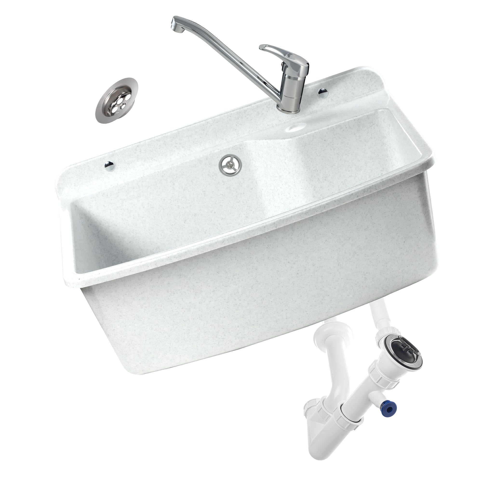 GOSPO Fregadero con grifo de pie, lavabo 61 cm x 44 cm x 23,5 cm, lavabo con rebosadero y sifón, incluye accesorios, color blanco