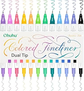 Ohuhu ミリペン 12色セット 筆・極細両用 ファインラインペン ラインドローイングペン 線幅0.25㎜～1.6㎜ 水性 サインペン 製図 漫画用 イラストペン 防水