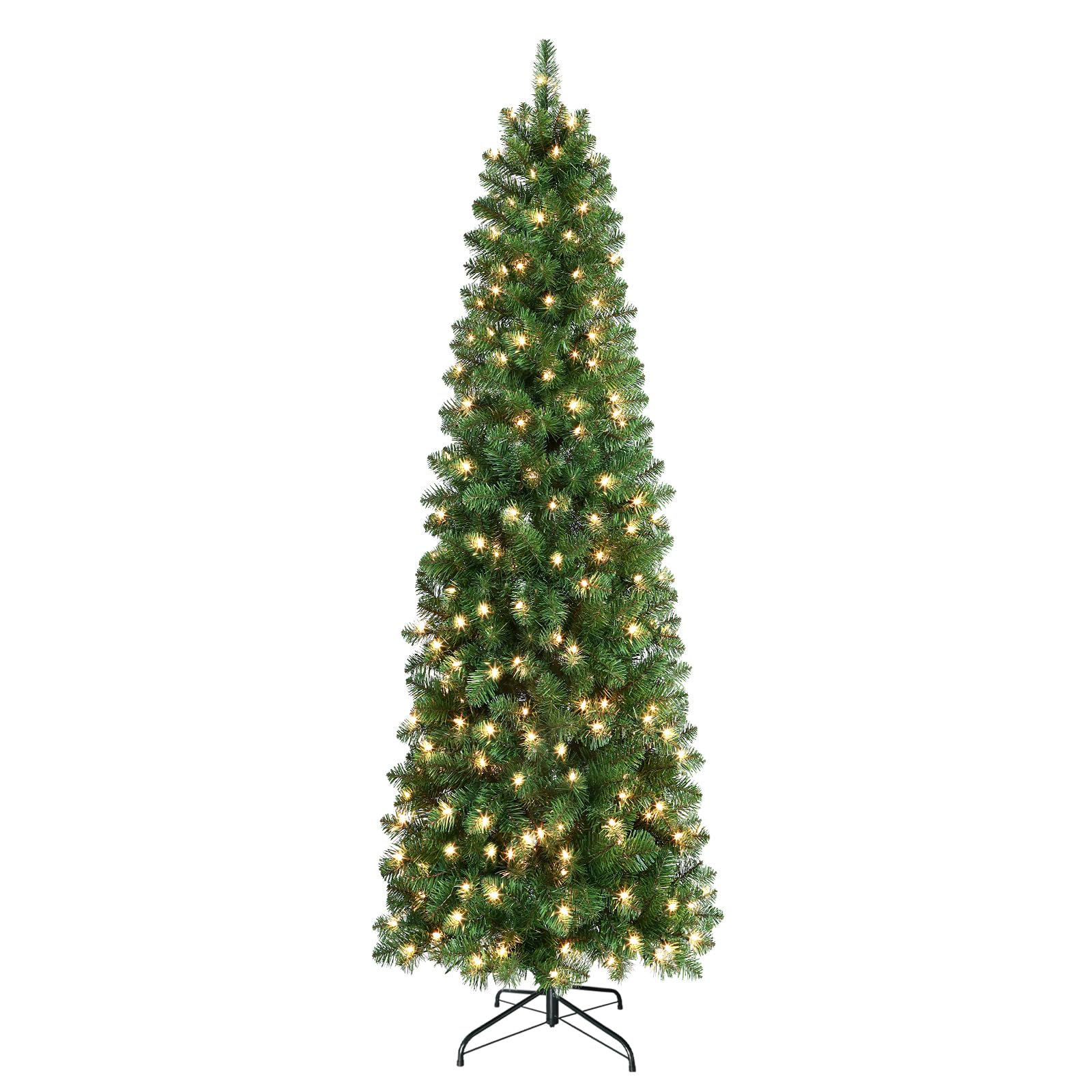 SHareconn Prelit Artificial Hinged Slim Pencil Christmas Tree with Warm White Lights, Full Branch Tips, Good Choice Decoration for Xmas Holiday, Green