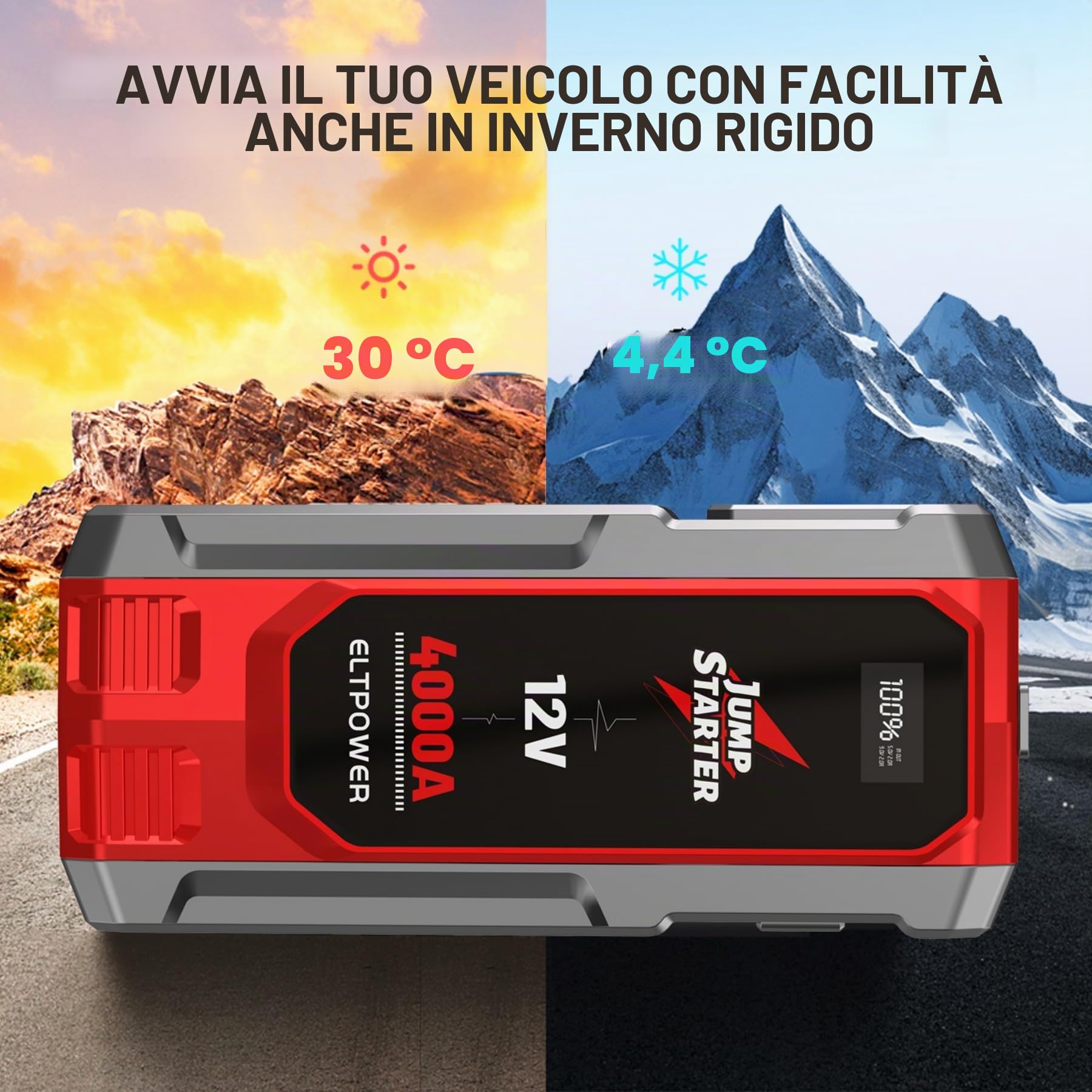 ELTPOWER Avviatore di Emergenza per Auto 4000A UltraSafe Avviatore di Emergenza Pacco Batteria 12V Caricabatterie per Auto Portatile Jump Box con Torcia 3 Modalità Cavi Jumper USB Power Bank Doppia