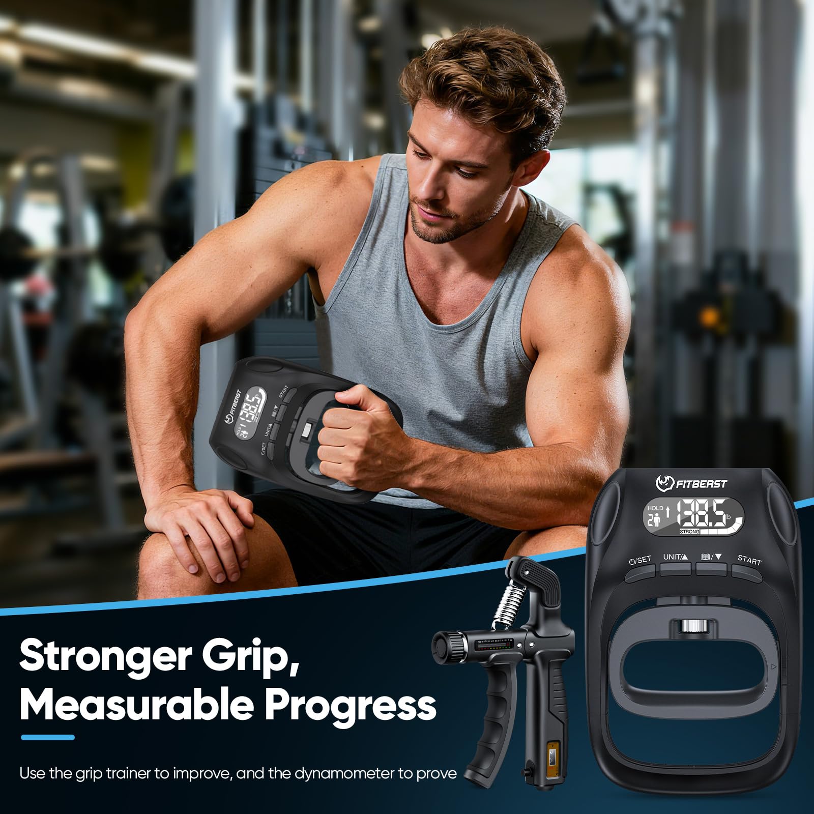 FitBeast Probador de fuerza de agarre con entrenador de fuerza de agarre ajustable y ejercitador de dedos: seguimiento del progreso, fuerza de construcción y recuperación de apoyo (juego 3 en 1)