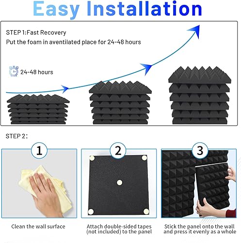 Miniatura 8 de Focusound Paquete de 36 paneles de espuma a prueba de sonido para paredes, paneles de espuma acústica piramidal de 12 x 12 x 2 pulgadas, paneles de