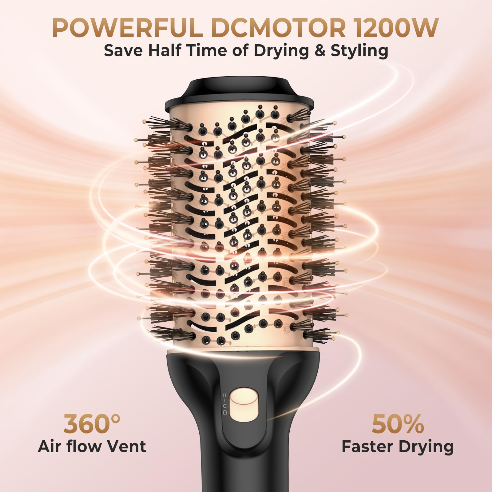 Brosse Soufflante 4 En 1 KinseiBeauty - 1200W, 3 Vitesses, Têtes Interchangeables, Rose Argenté