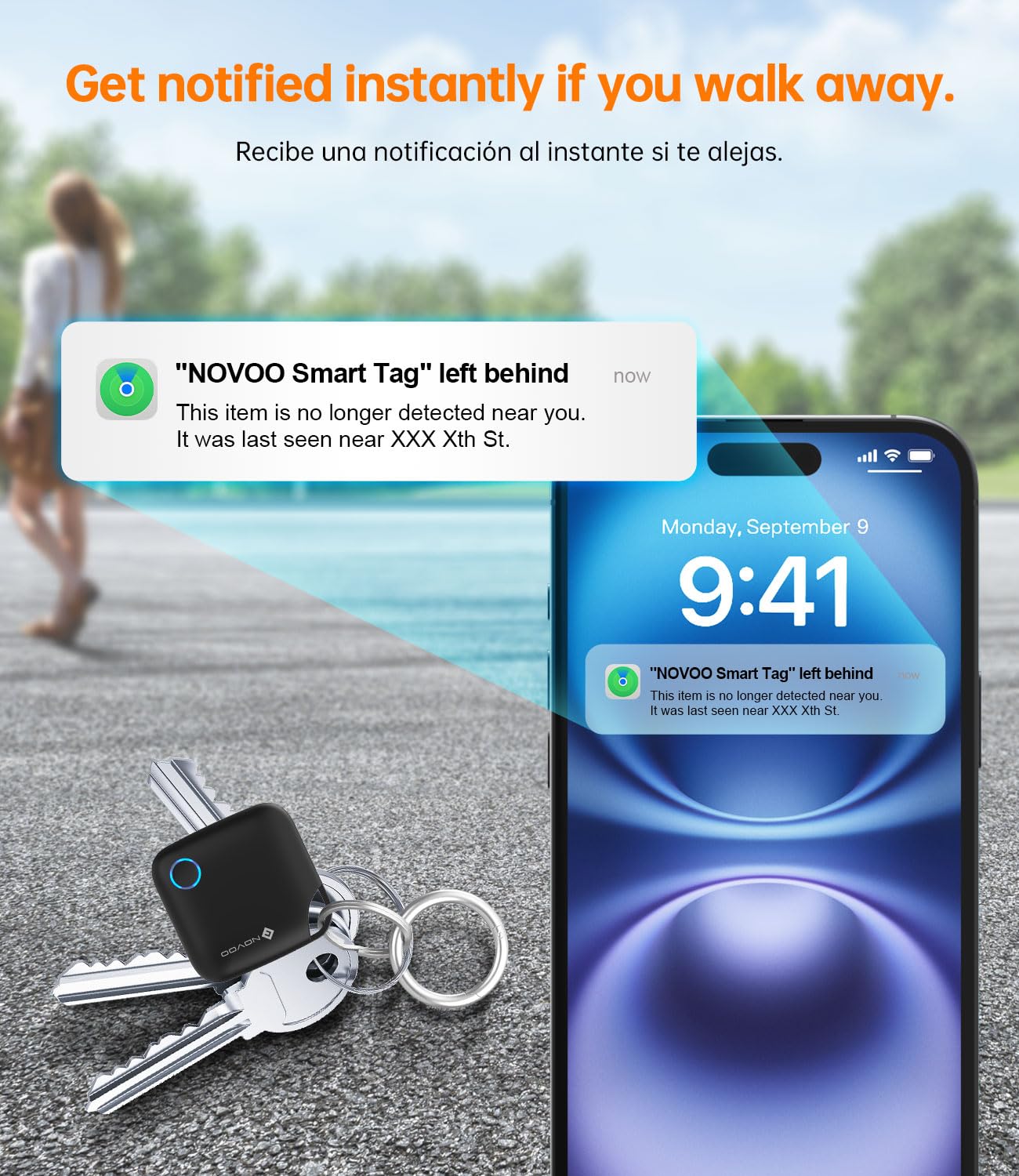 NOVOO Smart Tag avec Apple Find My (iOS Uniquement), Localisateur d'objets avec Alarme 80 DB, Batterie remplaçable avec Verrouillage Enfant, Tracker pour clés, Portefeuille et Bagages, 4 pièces
