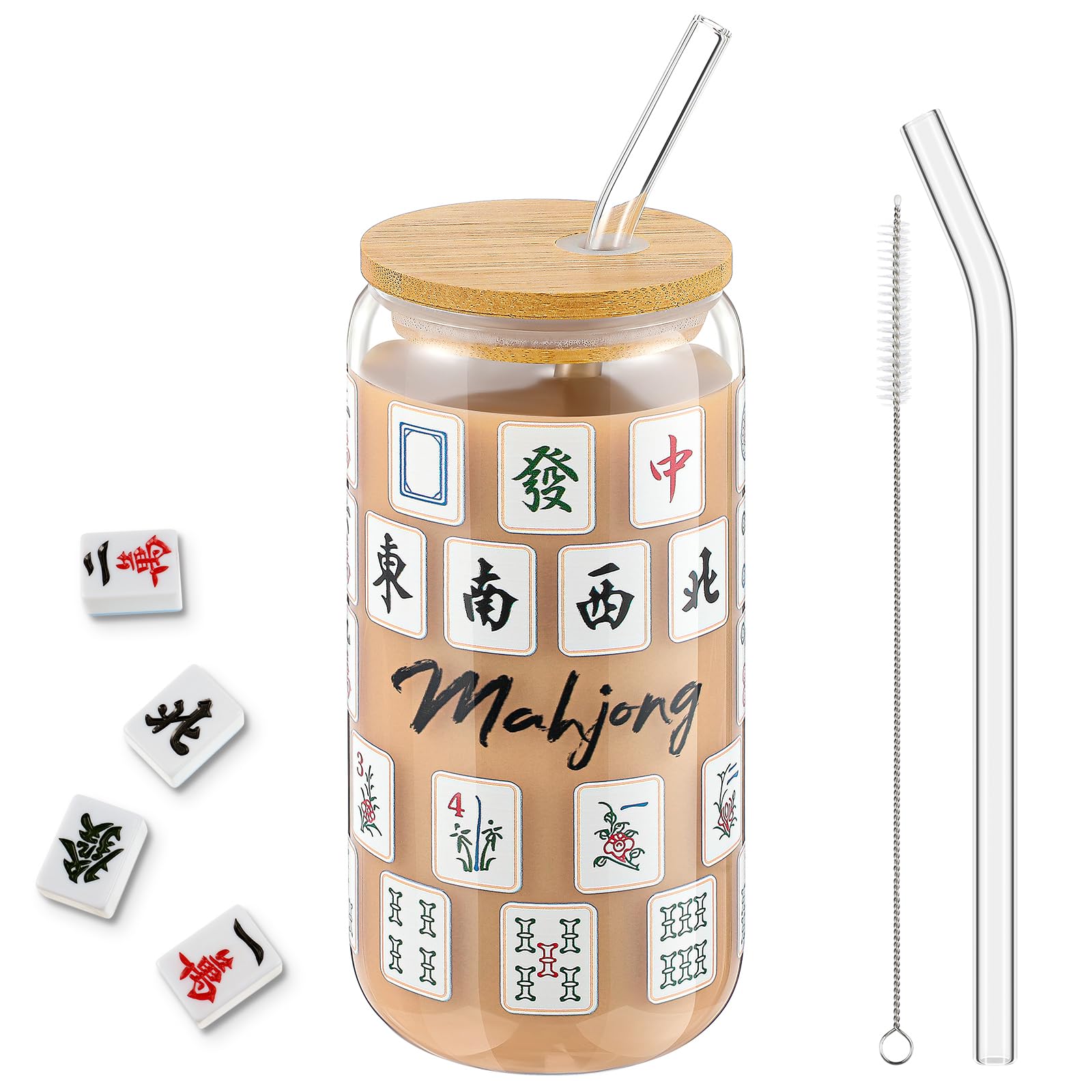 Jingmore American Mahjong Gift Glass Tumbler Cup with Lid and Straw Travel Coffee Mug 16 oz Water Cup for Mahjong Lovers Mother Valentine's Day