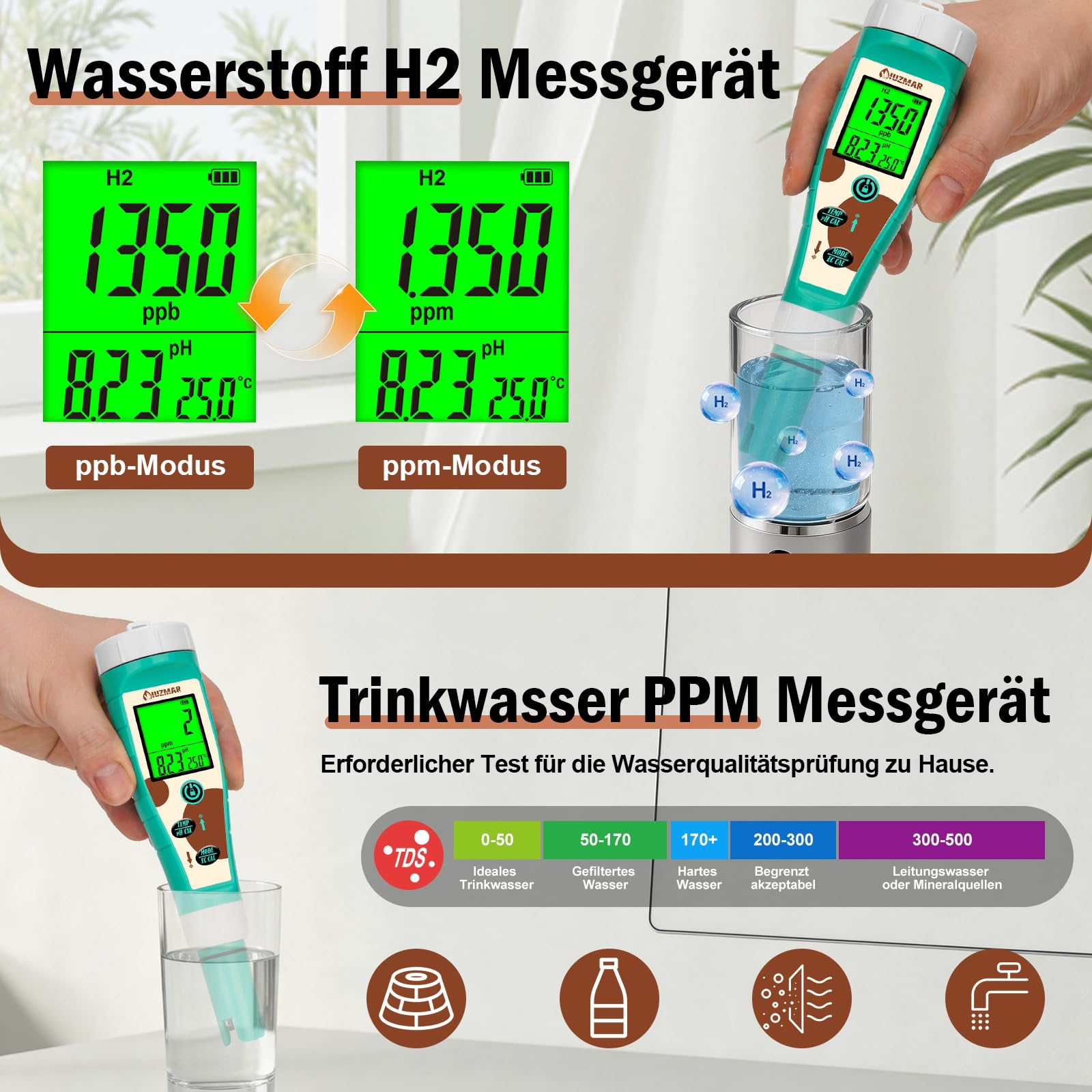 UIUZMAR Pool pH Chlor Salzgehalt Messgerät, Wasserstoff PPM ORP Messgerät für Trinkwasser, 8-in-1 Wassertester mit gleichzeitiger Anzeige von pH Salz Chlor H2 ORP EC TDS Temp für Hydrokultur, Spas