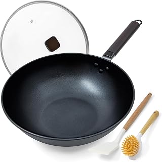 Steel Wok Pan, Stir Fry Wok, Carbon Steel Wok, Non-Stick Skillet, No Chemical Coating, Flat Bottom Wok Pan for All Stoves - 13in (Black)