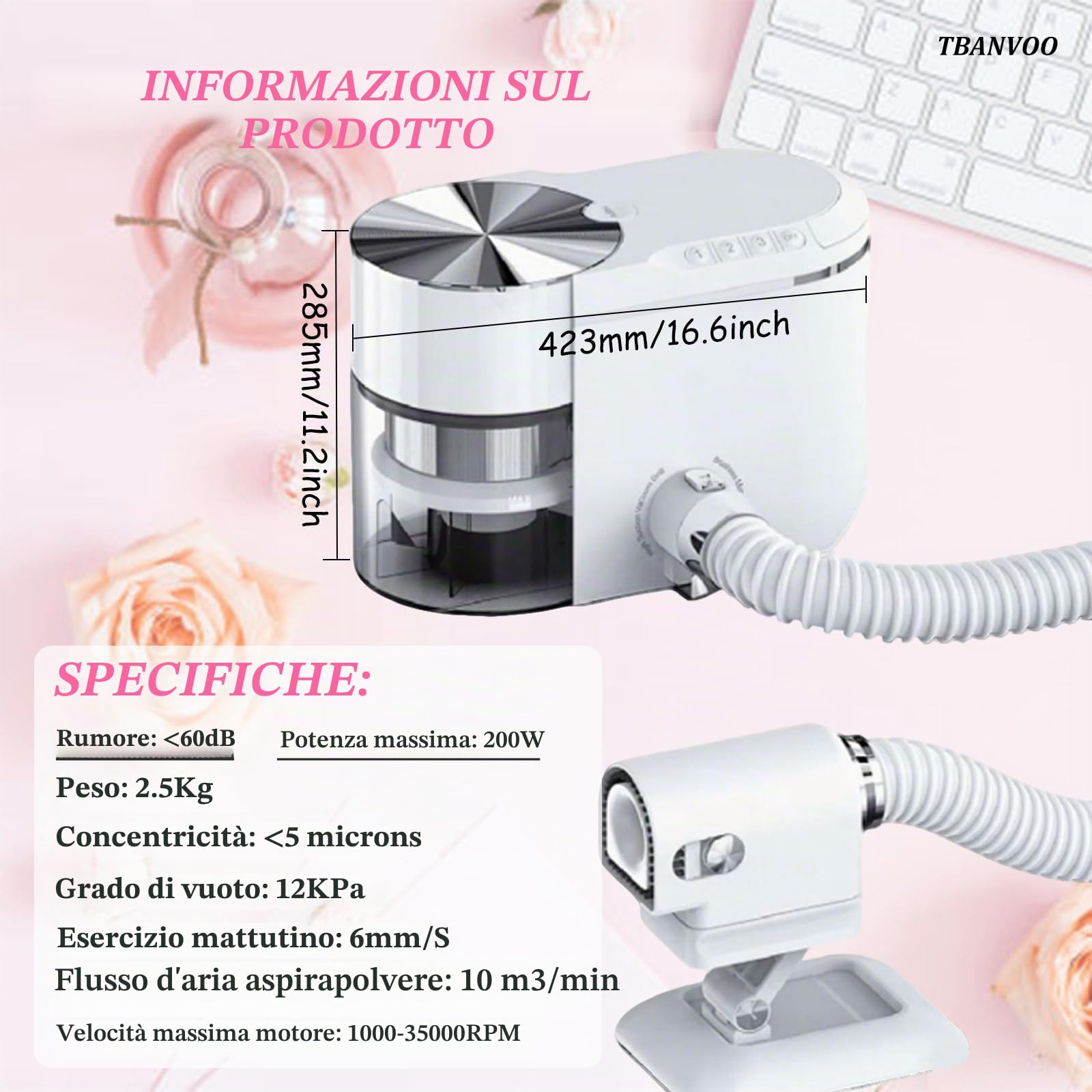 Aspirapolvere Professionale per Polvere da Unghie con Aspiratore Incorporato, Motore Brushless a Basso Rumore (≤68dB), modalità Regolabili per Uso in Salon Spa e Domestico