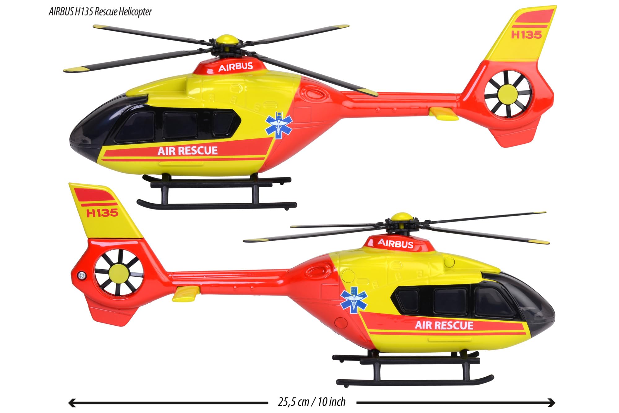 Majorette - Rettungs-Helikopter Airbus H135 (rot/gelb, 25,5 cm) - großer Spielzeug-Hubschrauber mit Metall-Rumpf, Drehpropeller, Licht & Sound, für Kinder ab 3 Jahre