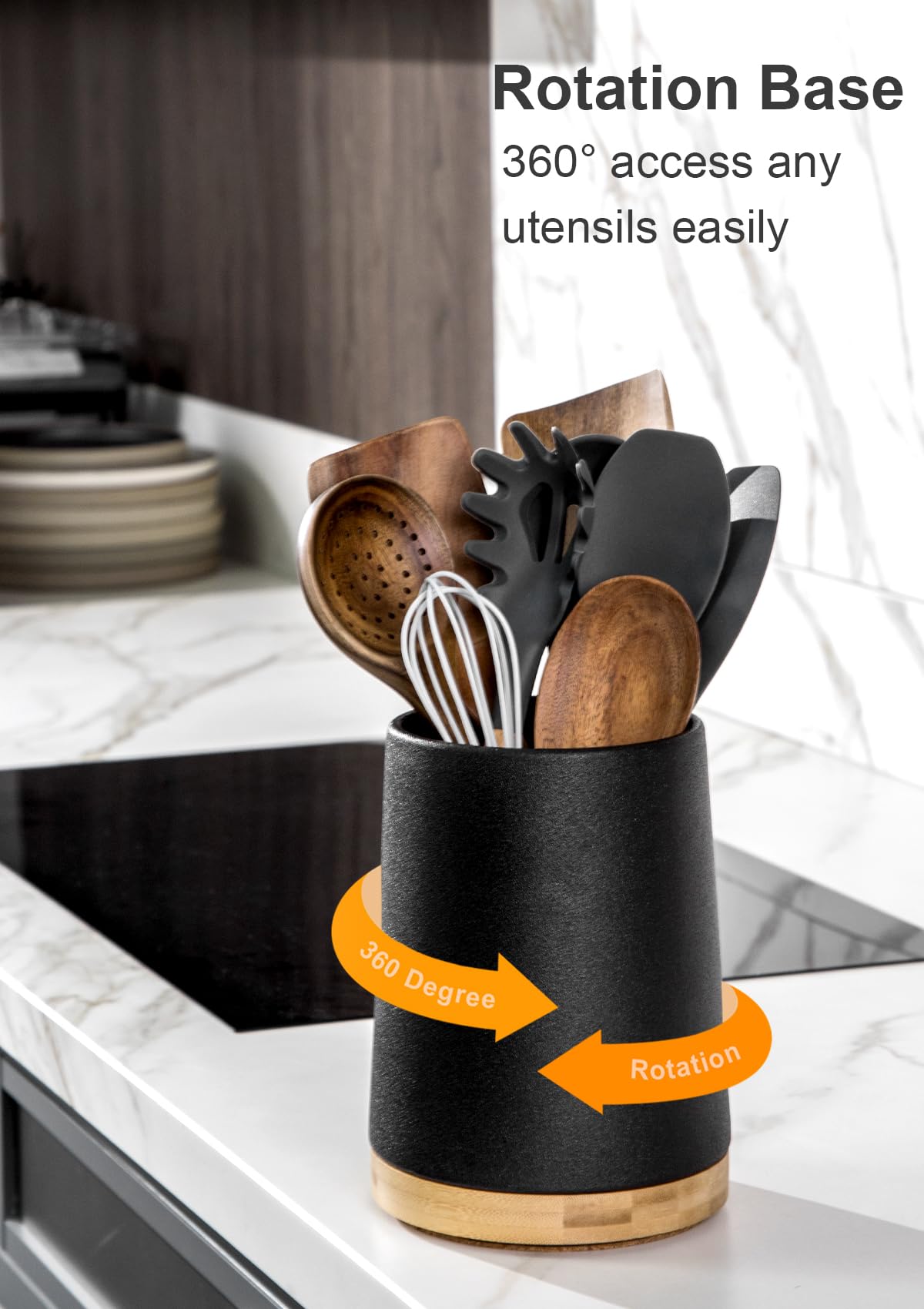 Nucookery 360Â° Rotating Utensils Holder, 8.2" Extra High Large Ceramic Kitchen Utensil Holder with Countertop-Protection Cork Bottom, Farmhouse Kitchen Decor for Counter (Stone Black)