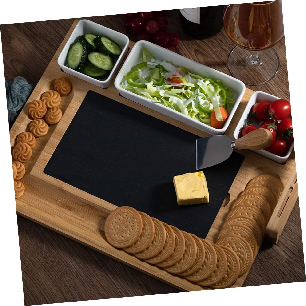 Unique Bamboo Cheese Board with Accessories Charcuterie Platter for Home Housewarming Weddings Parties Easy to Clean Cheese Cutting Plate Lovers