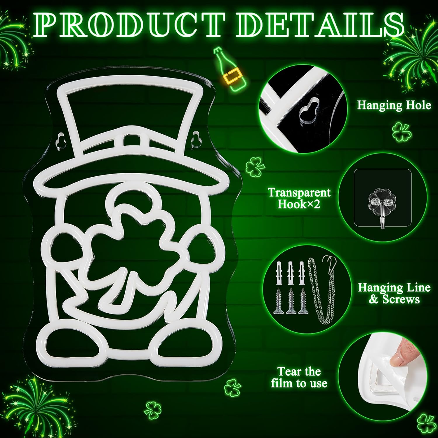 St. Patrick's Day Neon Sign 11.8 x 8.3 Inch Gnome Shape St. Patrick's Day Decorations Shamrock Neon Lights USB Powered Green LED Wall Light for Room Office Party Decor - Image 3