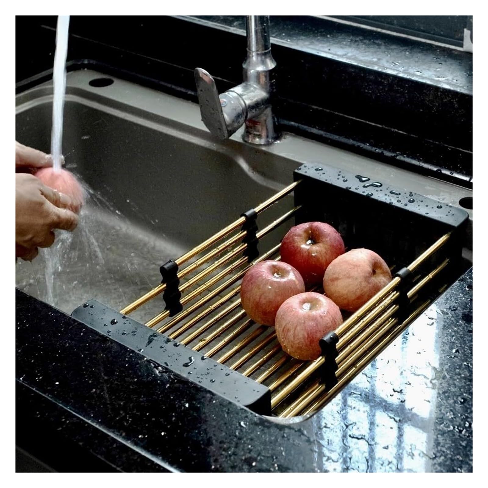 Égouttoir à vaisselle en acier inoxydable doré – Égouttoir réglable résistant à la rouille pour évier de cuisine, plan de travail peu encombrant pour assiettes, ustensiles et accessoires de cuisine