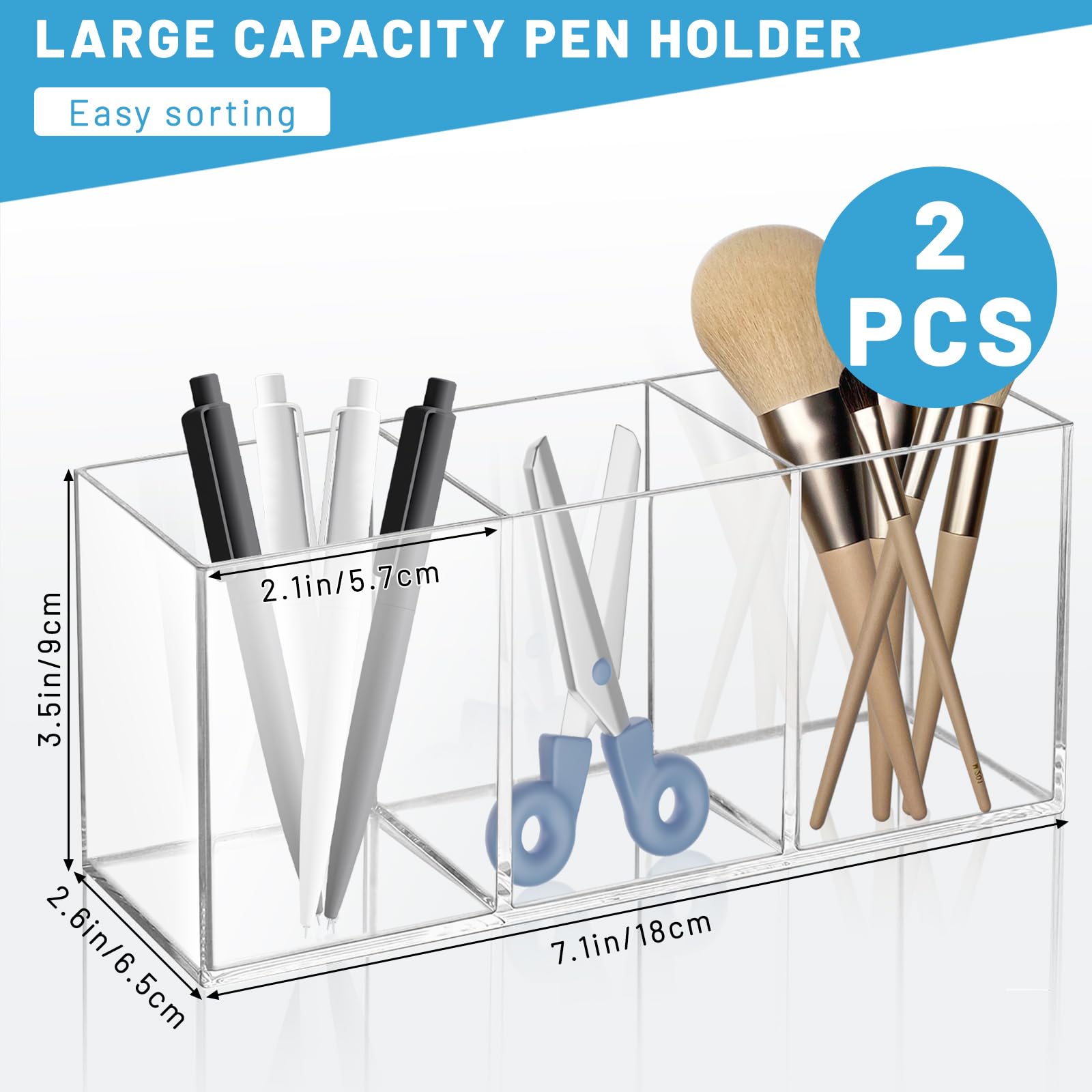 Realand 2Pcs Acrylic Pen Holder for Desk 3 Compartments Clear Makeup Brush Holder Organizer, Pen Cup for Pencil Marker - Image 2
