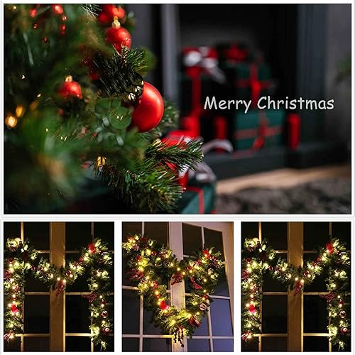 Miniatura 3 de Guirnalda de Navidad artificial de 9 pies para decoraciones de Navidad, conos de bayas, bolas de adorno, blanco cálido, 50 luces LED, para