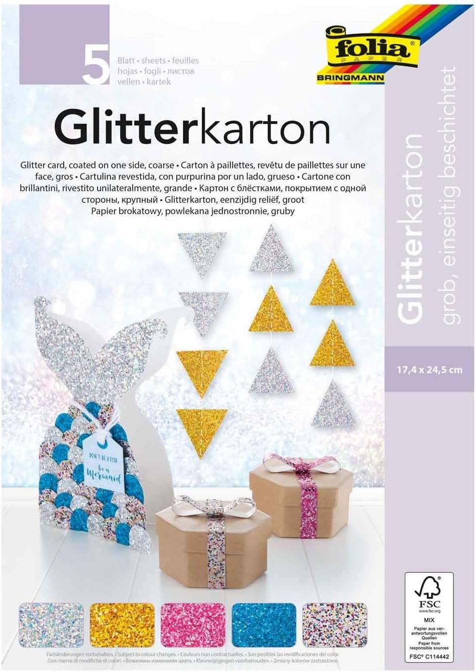 folia 86139 – Glitter Card Block Coarse, Coated on One Side with Coarse Glitter, Approx. 17.4 x 24.5 cm, 5 Sheets 300 g/m², Assorted Colours, for Sparkling Accents in Your Crafts