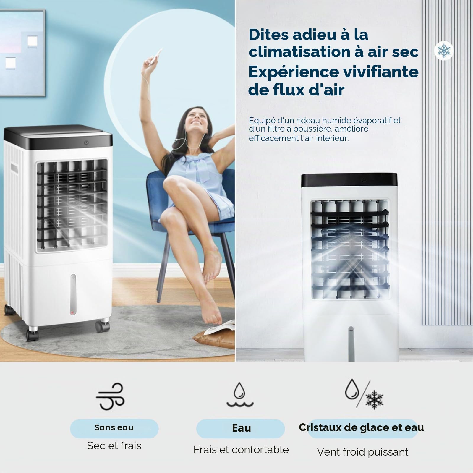 Climatiseur mobile 4 en 1 sans tuyau d'évacuation, humidificateur et purificateur d'air, refroidisseur d'air mobile avec réservoir d'eau de 10 l, télécommande, minuterie, oscillation à 120°, débit