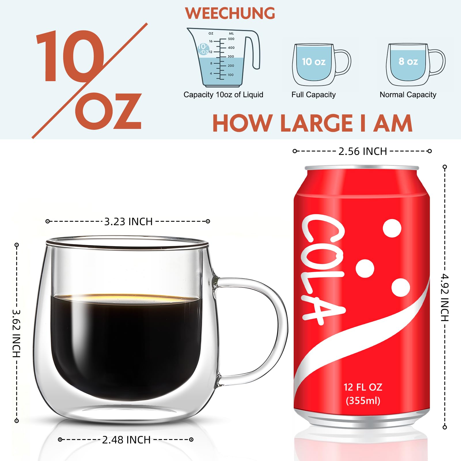 WEECHUNG 10oz Double Wall Glass Coffee Mugs Set of 4,Large Insulated Espresso Cups, insulated glass coffee cups, glass mugs with handles, borosilicate glass mug for Cappuccino, Americano, Tea