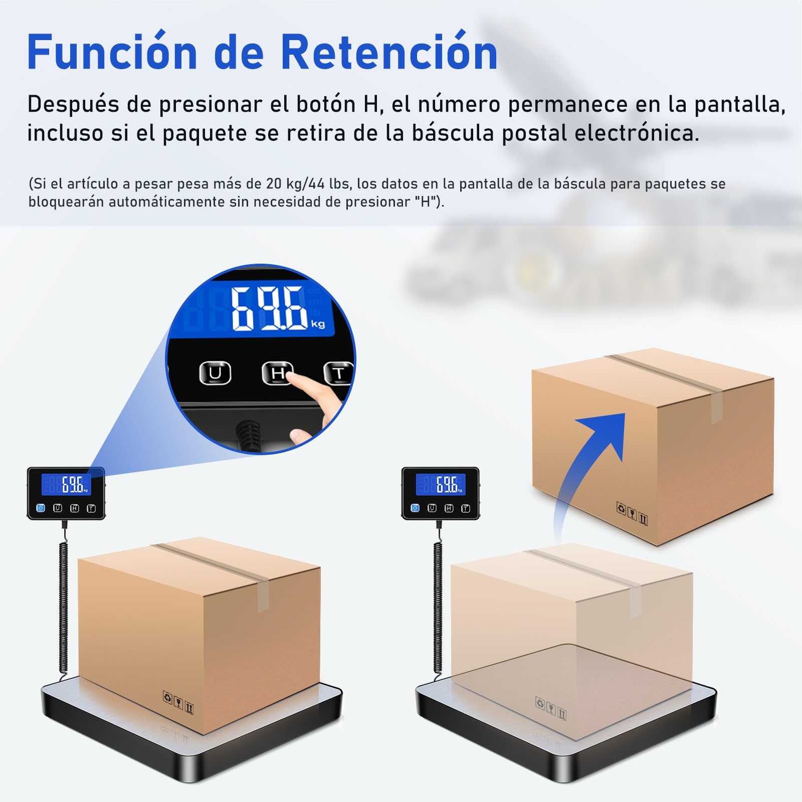 Báscula para Paquetes 440lb, Bascula Digital Alta precisión 10g con Función de Retención/Tara/LCD, Balanza Postal para Almacén/Express con Carga USB/2 Pilas AAA