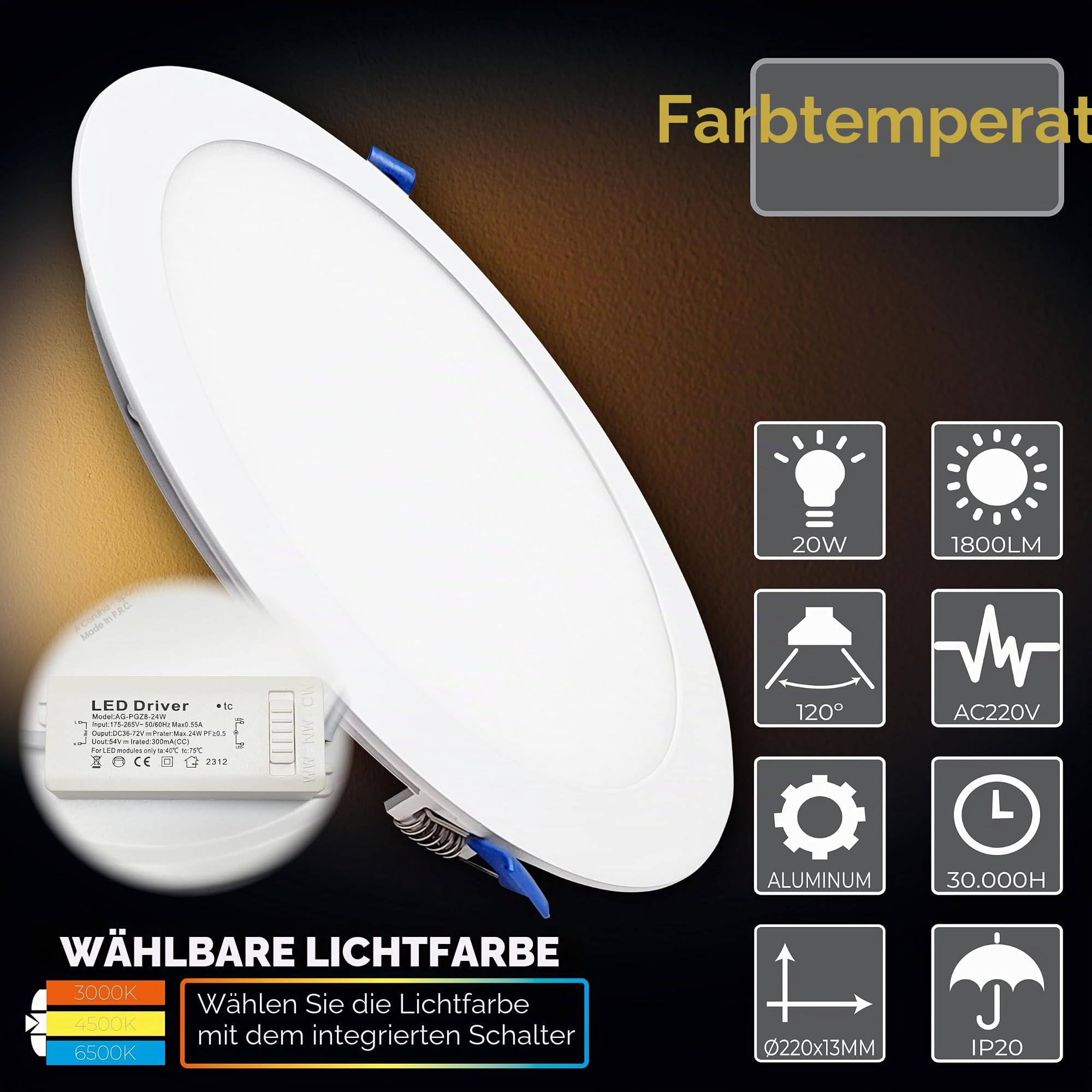 LED ATOMANT Packung mit 10 LED Einbaustrahler Downlight Rund Flach 220mm 20W, CCT (Farbwahlschalter Warmweiß, Neutralweiß oder Kaltweiß), Durchmesser 200mm, 1800 Lumen, Inklusive Treiber