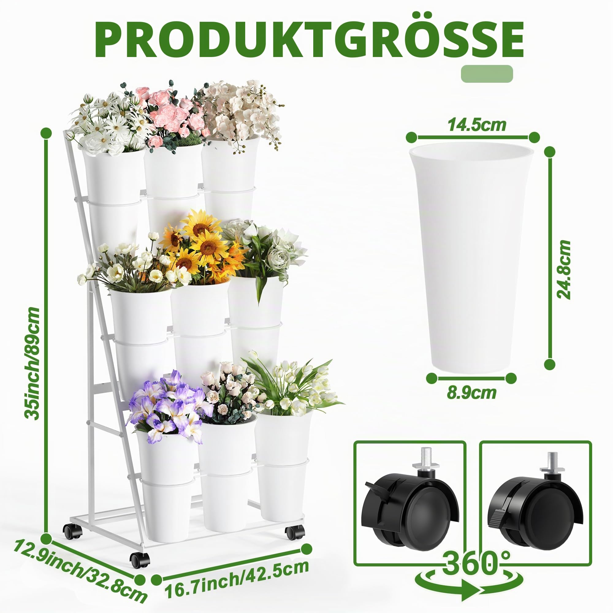 Alyoen Blumenständer mit Rollen und Eimern, 3 Etagen Blumenständer aus Metall mit 9 Eimern, Mobiler Pflanzenständer für Innen- und Außenbereiche, Hochzeiten, Blumenläden, Garten (Weiß)