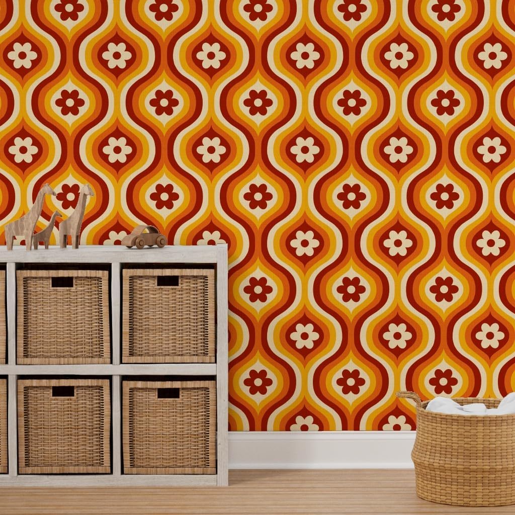 Spoonflower Peel & Stick Wallpaper 3ft x 2ft - 70S Groovy Daisy Ogee Yellow Flowers Red Retro Orange Geometric Custom Removable Wallpaper