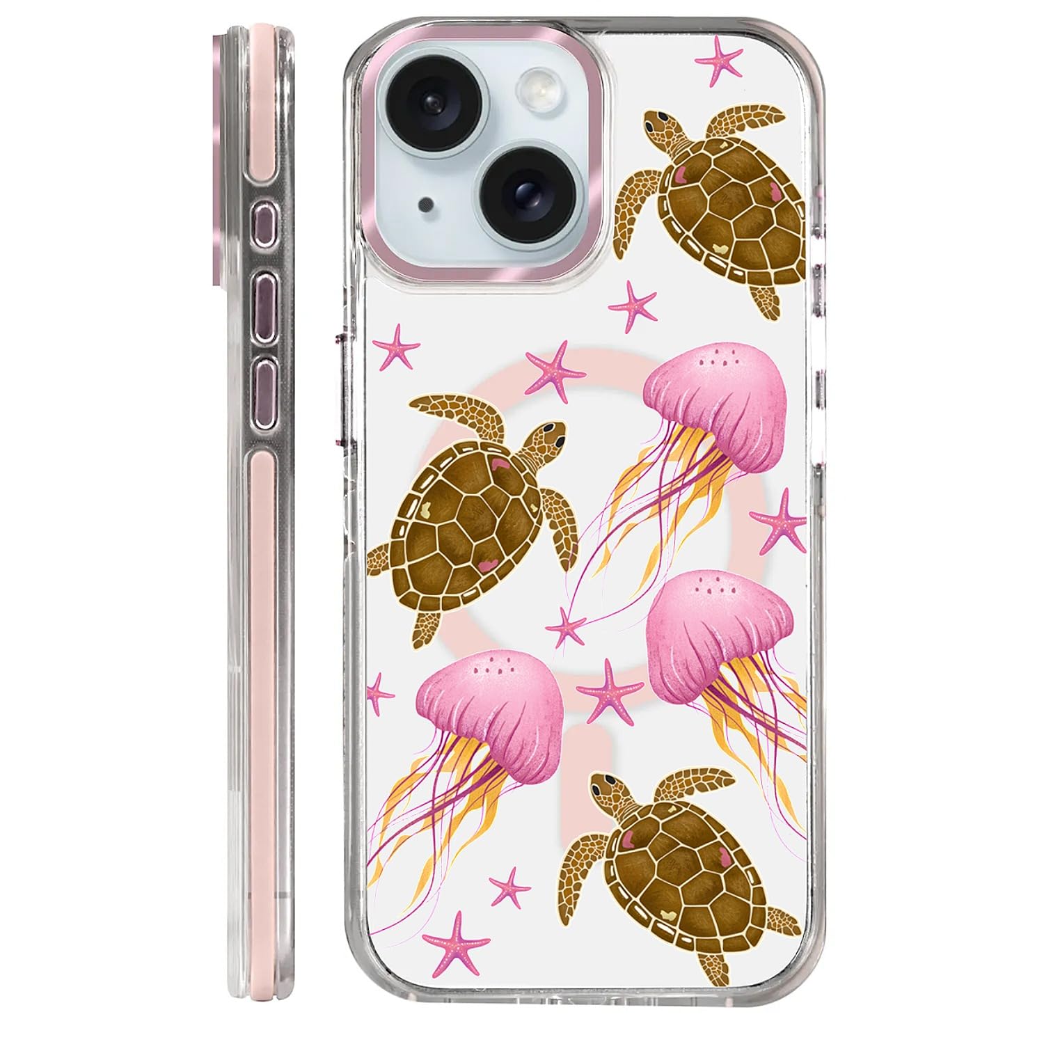 Coque transparente iPhone 15 avec méduse rose et tortue - 8