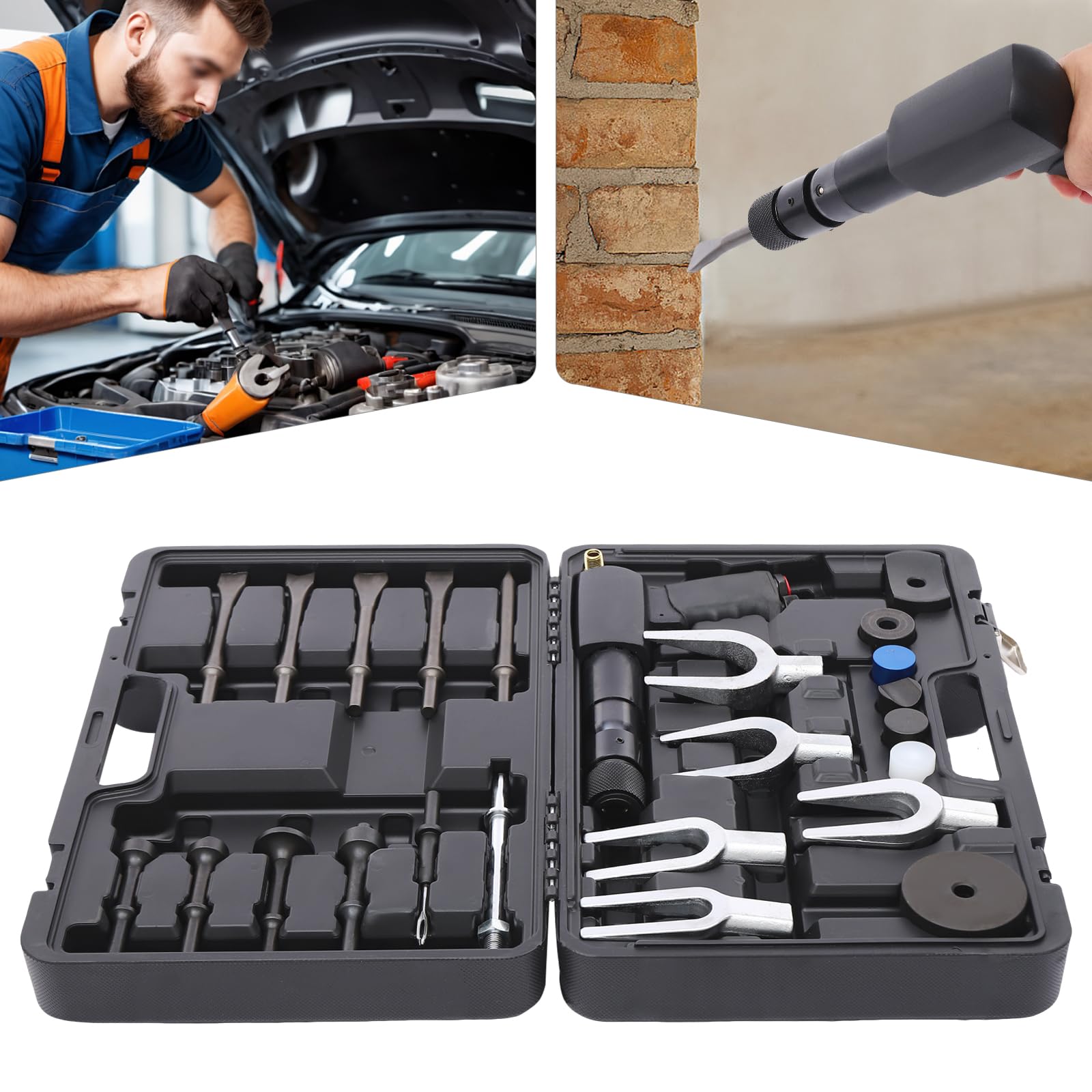 Juego de martillo neumático con juego de cinceles – Potente herramienta de martillo neumático para trabajos de carrocería, demolición, metalurgia – Diseño ergonómico con maletín de transporte