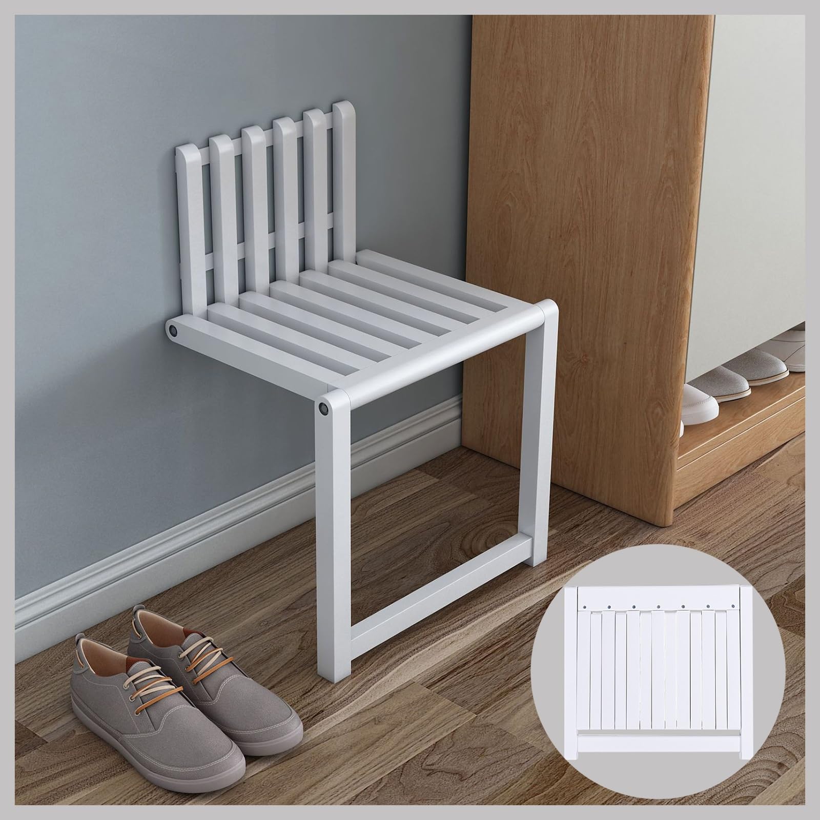 LFIEVO 35/42cm Sillas Plegables De Pared Taburetes Plegables De Madera Maciza De Uso Doméstico Carga 150kg Taburete De Entrada Plegable 90° Silencioso para Cambiar Zapatos