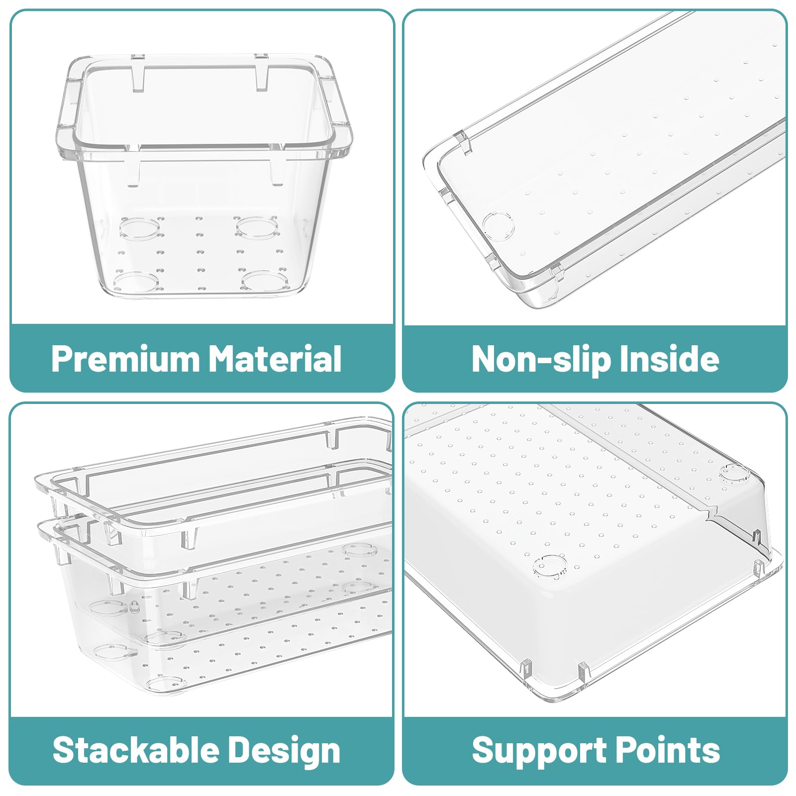 WOWBOX Set di 24 organizer per cassetti in plastica trasparente, 4 misure, per organizzare e riporre trucchi, cosmetici, gioielli e gadget in cucina, bagno, camera da letto, ufficio, trasparente