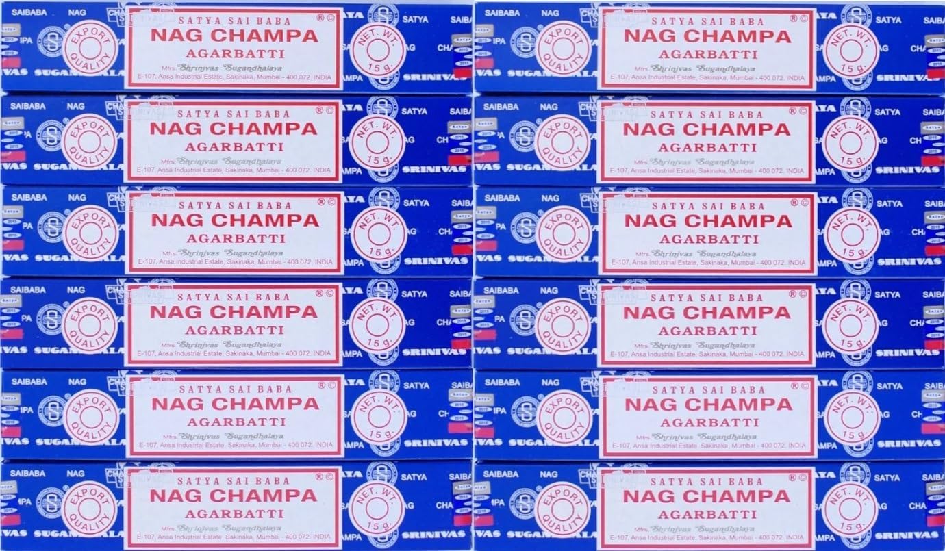 Satya Satya Nag Champa Incense Sticks, Wood, Floral, 15g x 12 packs = 144 sticks, Blue