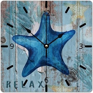 Vintage Starfish Hanging Clock Beach Theme PVC Wall Clock 10in Retro Marine Animals Clock Silent Battery Operated Square Popular Wall Decor for Hallway Study Room Garden Pub