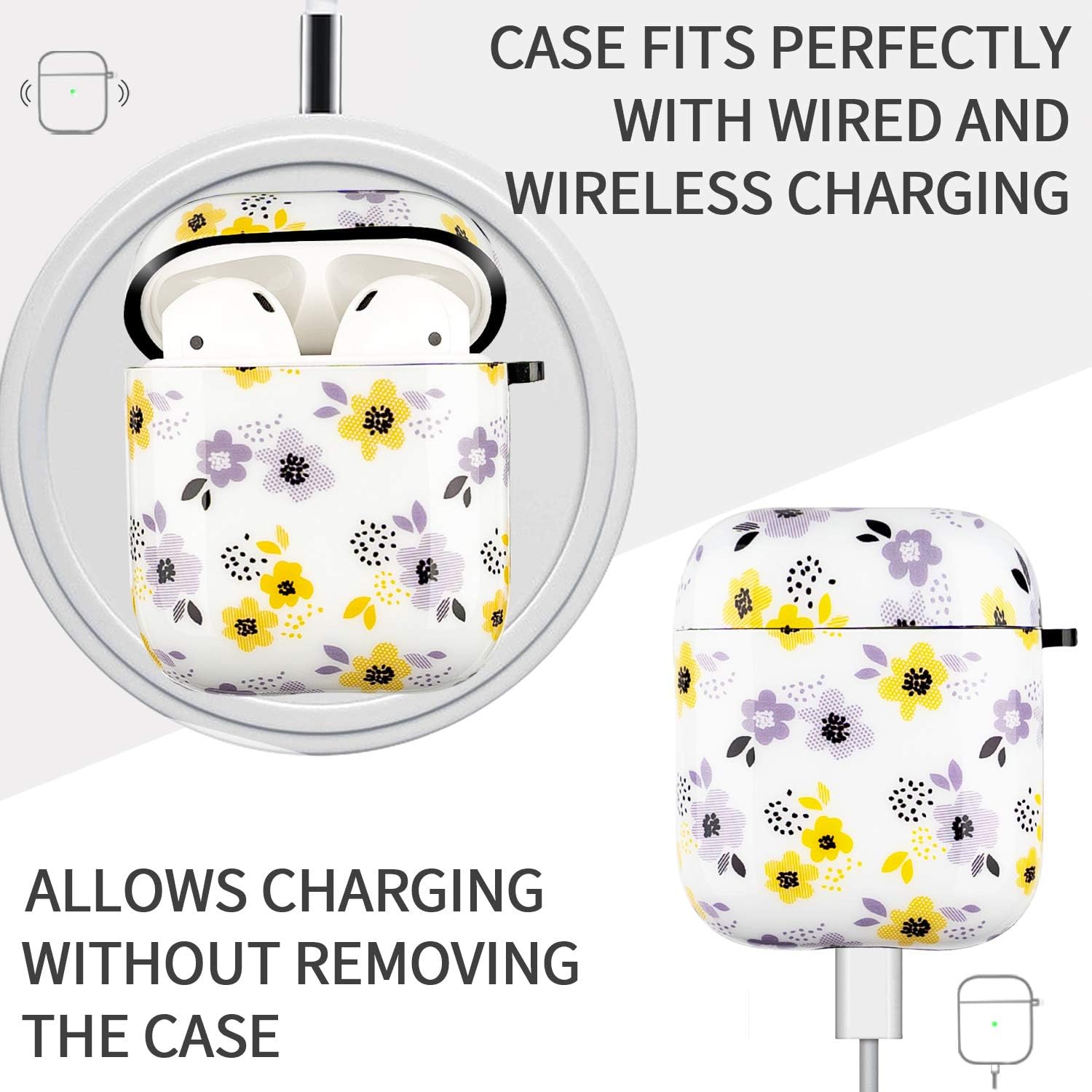 IceModo for Airpods Case, Cute Floral Prints Shockproof Protective Hard Case Cover for Women Girls Man Compatible with Apple Airpods 2/1 Charging Case[Front LED Visible]