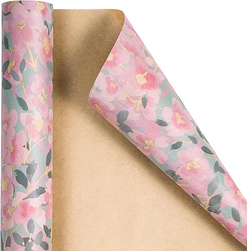 Miniatura 7 de RUSPEPA Rollo de papel de regalo floral para mujer, mini rollo, flor rosa con papel kraft de follaje, papel de regalo vintage gris para cumpleaños,