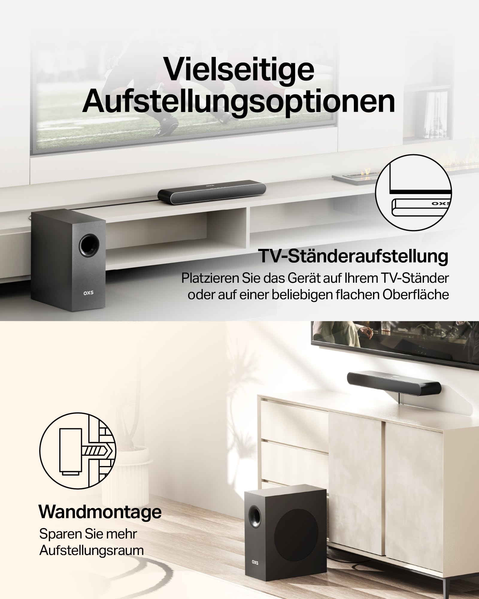 OXS S21 2.1-Kanal Soundbar mit Subwoofer, Präzisionssound mit tiefen Bässen, 180 W Leistung, 3 EQ-Modi, für Heimkino/Musik/Spiel, für TV, PC, Xbox, PS4/5, Telefon, Ultrakompakt, Einfache Einrichtung