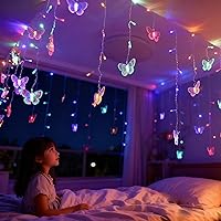 Vista 12 de Cortina de luces de mariposa de 20 pies, 120 luces LED para ventana, luces de hadas USB, 24 mariposas, 8 modos con control remoto para habitación