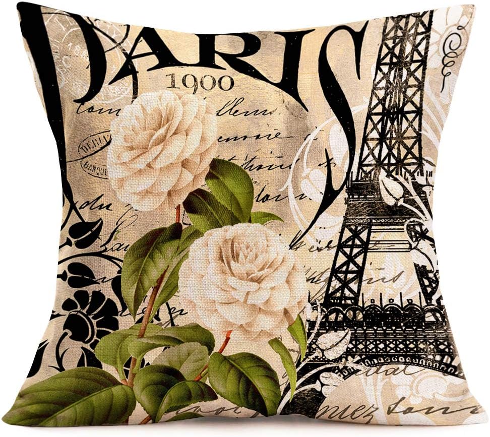 Federa Cuscino Quadrata Yueton – 45x45 Cm, Con Stampa Torre Eiffel, In Cotone E Lino, Per Divano O Letto
